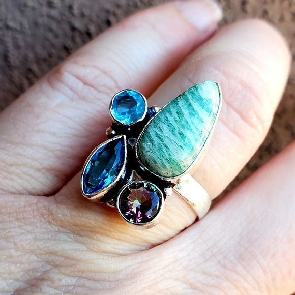 New Amazonite, Blue Quartz, Mystic Topaz 925 Silver Ring. - Picture 5 of 14